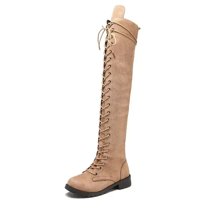 Bottes Sexy à lacets au dessus du genou pour femme, chaussures gothiques à talons plats, longues cui