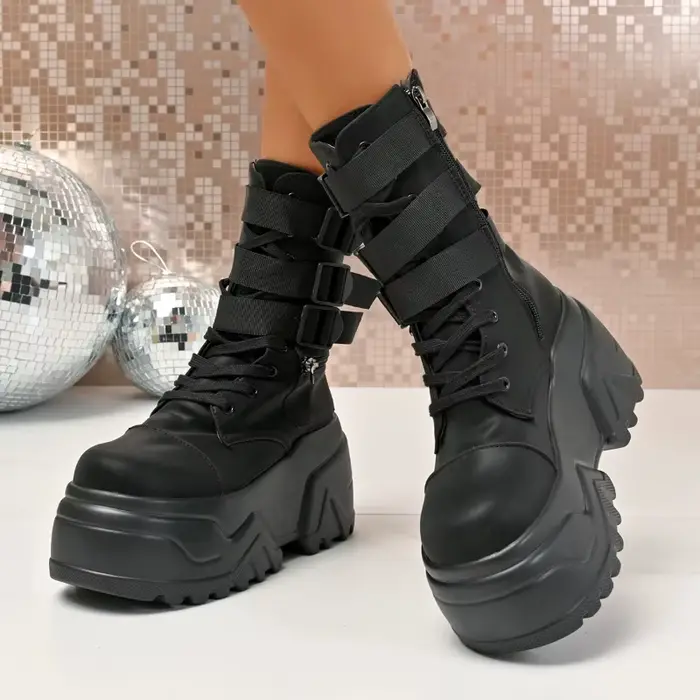 Nouvelles Bottes de Cheville Moto Plateforme Bout Rond Hauteur Augmentante à Lacets Mode Concise pour Femmes Occasions Spéciales