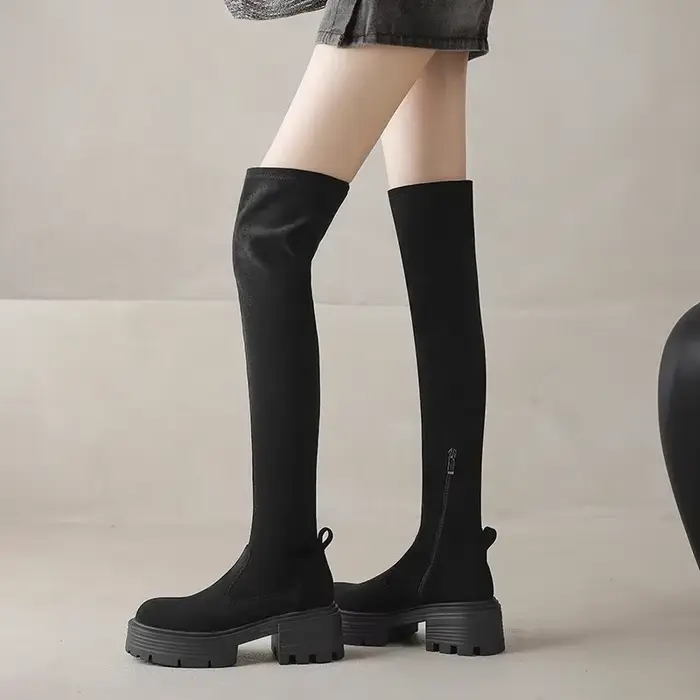 Fond épais sur le genou bottes élastiques femme 2025 nouveau automne hiver talon épais daim bottes m
