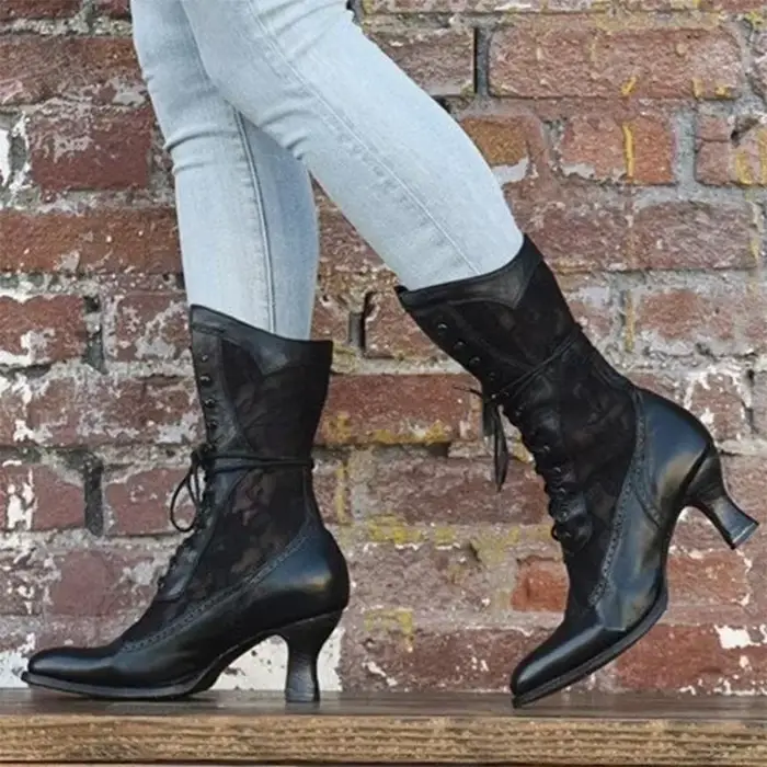 Bottes de rinçage pointues victoriennes en cuir artificiel, rétro, talons aiguilles, cheville, dentelle, couture pour femmes printemps automne