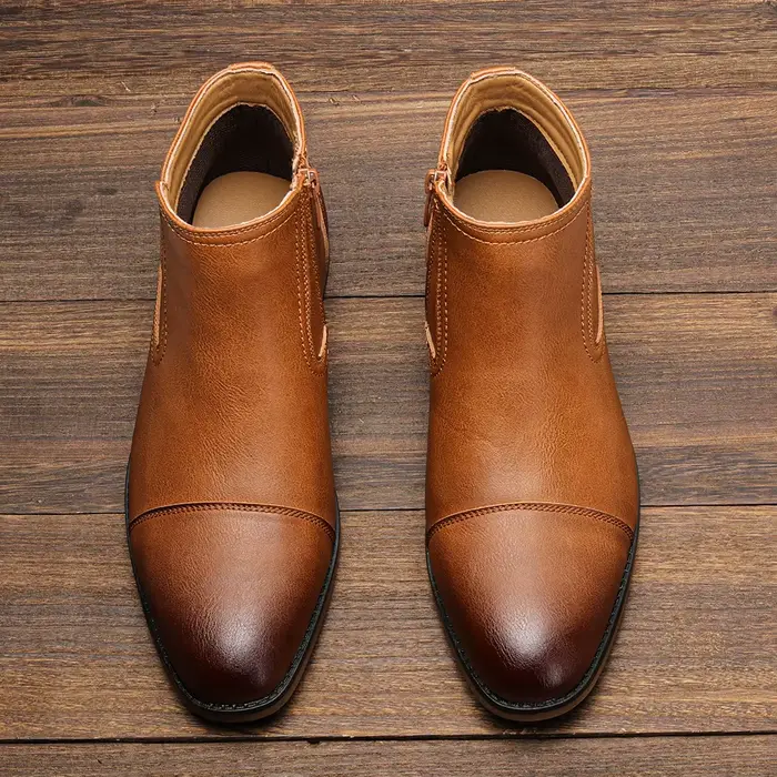 Bottines confortables en cuir artificiel pour hommes, bottes rétro, hecrafted, printemps automne, cheville, talon bas, bout rond, lacets, couture visible, semelle en caoutchouc et EVA, gris, gris foncé, chameau