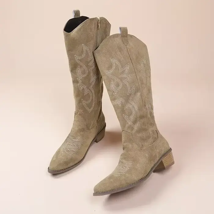 Bottes de cowboy western brodées en cuir nubuck pour femmes, hautes à bout pointu, talon carré et plateforme, pour l'automne et printemps, à offrir pour diverses occasions sociales