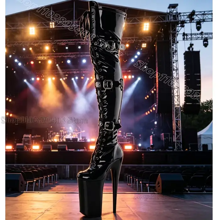 Bottes sexy à plateforme rose avec boucle, fermeture éclair latérale, talon aiguille uni en cuir ver