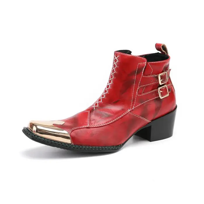 Bottes de cowboy occidentales à talons hauts pour hommes, ceinture Fangtou en métal, peau de vache s