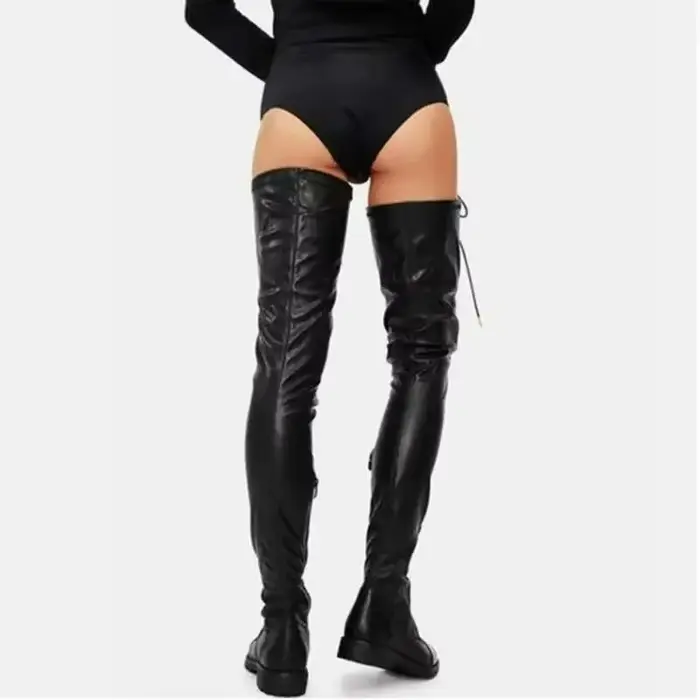 Bottes noires à lacets et talons bas au-dessus du genou pour femmes