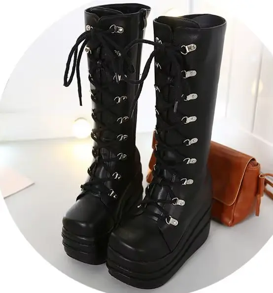 Bottes compensées à lacets pour femmes, bottes à plateforme, talon haut, blanc, style punk, hiver, t