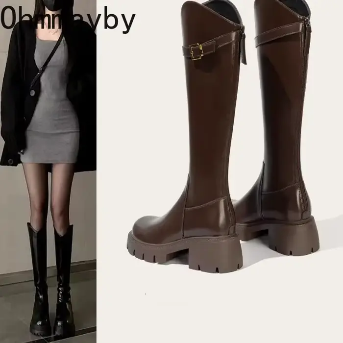 Bottes hautes femmes en cuir avec doublure en fourrure courte style street chic talon carré hautes au genou pour femmes automne hiver élégantes et confortables