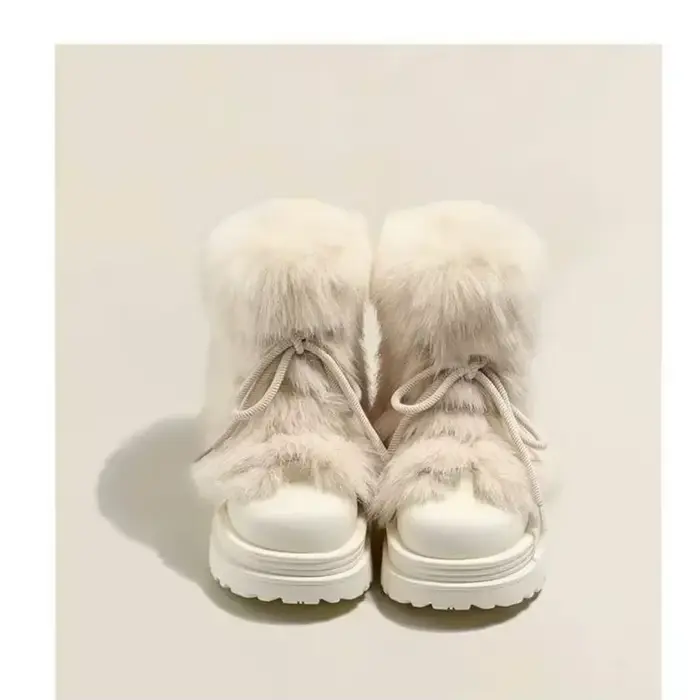 Bottes de neige en fourrure pour femmes, bottes courtes décontractées en peluche épaisse, tige en caoutchouc, doublure en cuir artificiel, chaudes et à la mode pour les journées hivernales