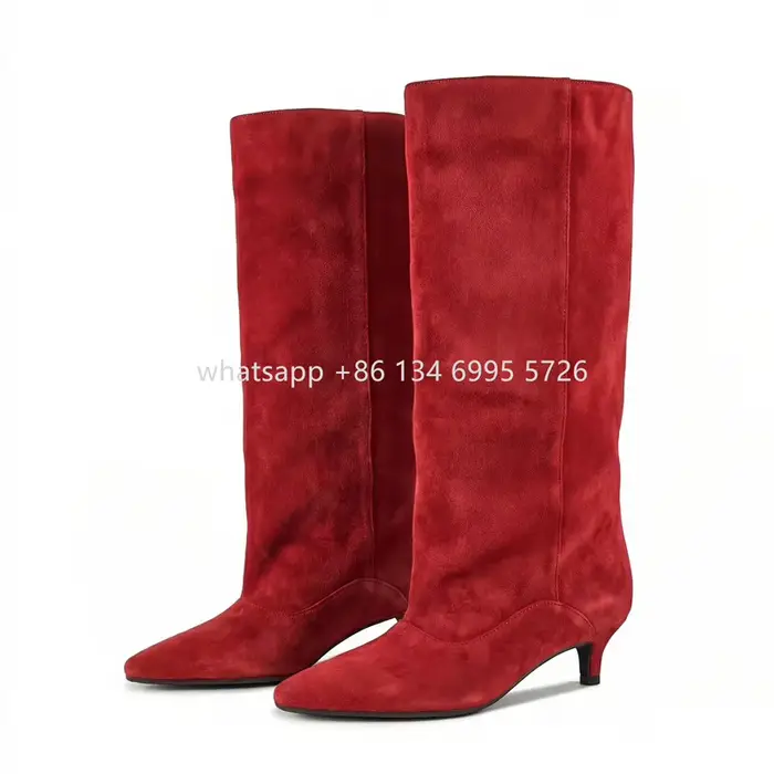Bottes hautes en daim véritable pour femme, talon chaton de 4 cm, pour mollets larges, à enfiler, pl