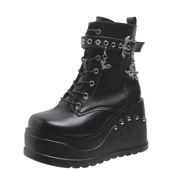 Bottines à Talons Plateforme pour Femme, Bottes de Moto, Style Gothique, Punk, Décontracté, avec Fer
