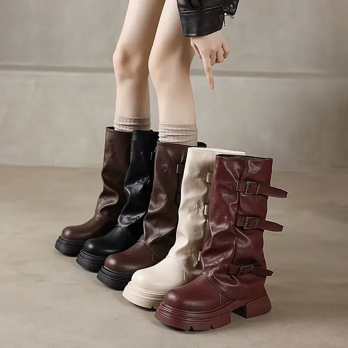 Bottes de Chevalier RANMO à Boucle Plissée Mi-Mollet pour Femmes Occasions Spéciales Confort Durables Mi-Saison Hiver
