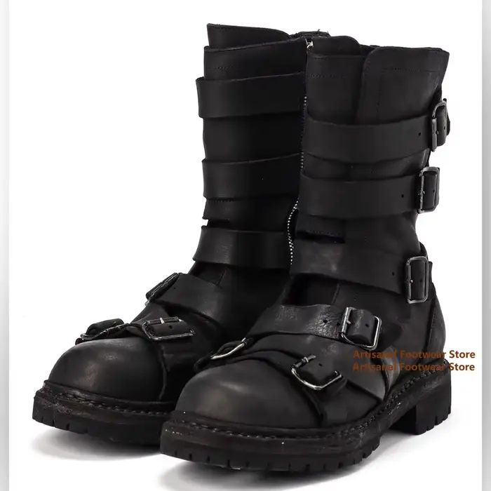 Bottes noires à boucles multi-ceinture pour hommes