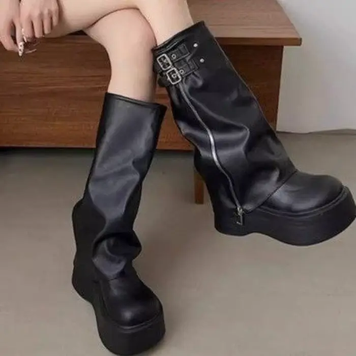 Bottes noires à plateforme pour femmes, à mollet large, avec boucle décorative, style décontracté, c