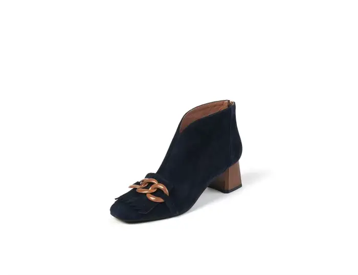 Bottines en Suade de mouton pour femme, bout carré, talon carré, mi-talon, fermeture éclair à frange