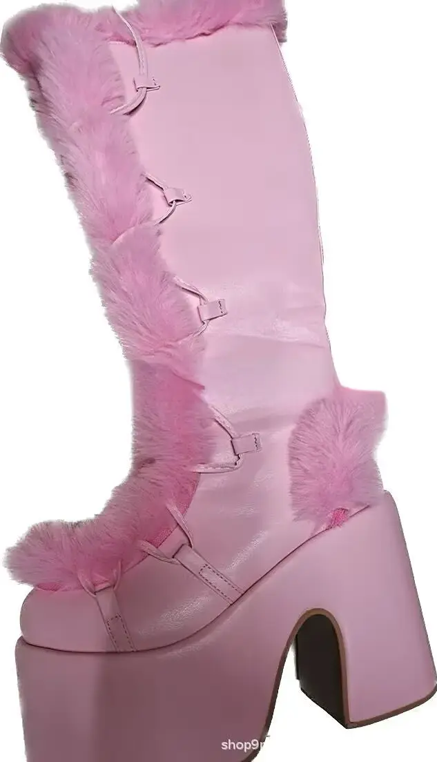 Bottes de neige à plateforme et talons hauts pour femme, chaussures gothiques en fausse fourrure, en