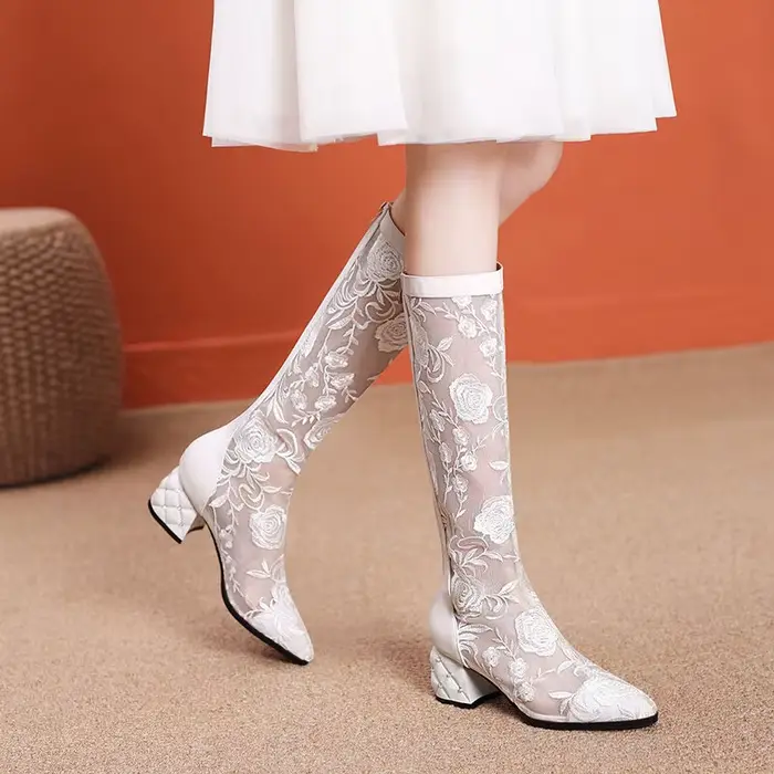 FHC-Bottes Sandales Hautes au Genou pour Femme, Chaussures en Maille, sulfBotas en Dentelle Brodée d