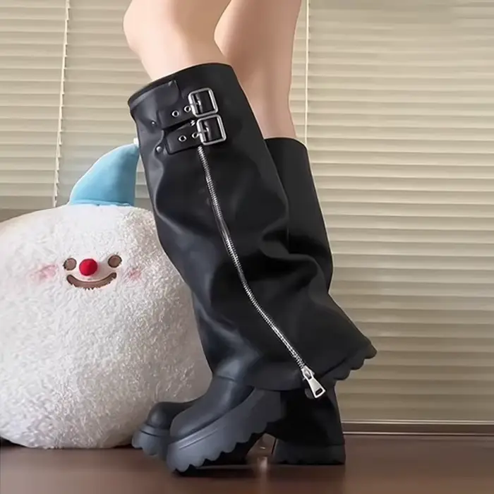 Style Punk épissage fond épais femmes bottes hautes mode fermeture éclair femme plissé chevalier longs chaussons chaussures
