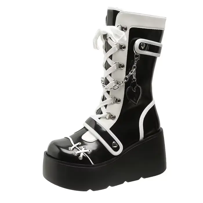 Bottes mi-mollet à plateforme gothique pour femmes, compensées, talons hauts, bottes punk pour fille