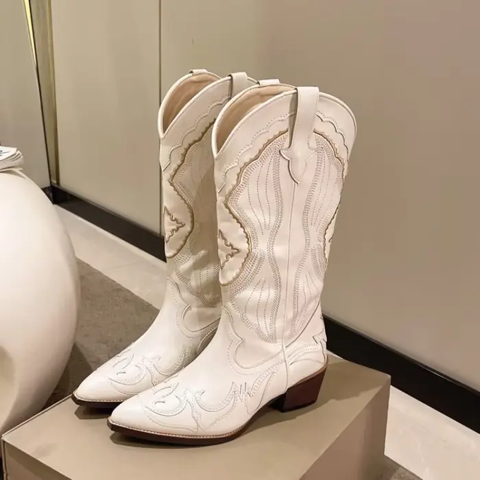 Bottes de cowboy occidentales brodées, talons carrés, chaussures pointues, bottes longues décontract