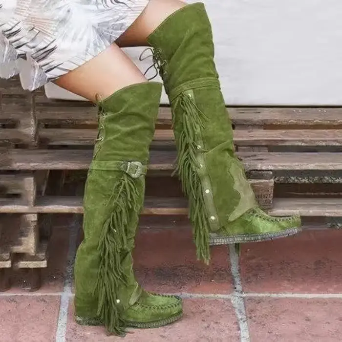 Mode bohême genou longueur femmes bottes personnalité ethnique bottes hautes glands Faux daim bottes