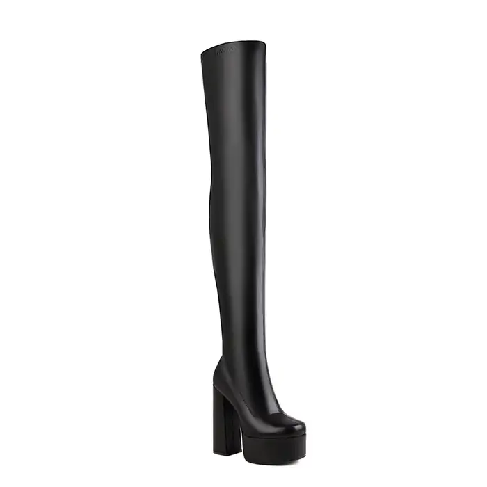 Bottes au genou en matériau PU élastique à talon épais et creux Ultra-haut, plate-forme Ultra-étanch