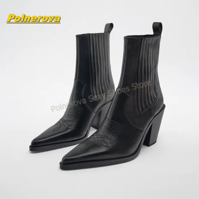 Bottines Chelsea rétro à bout pointu style western avec broderie frontale, tige extensible et talon 