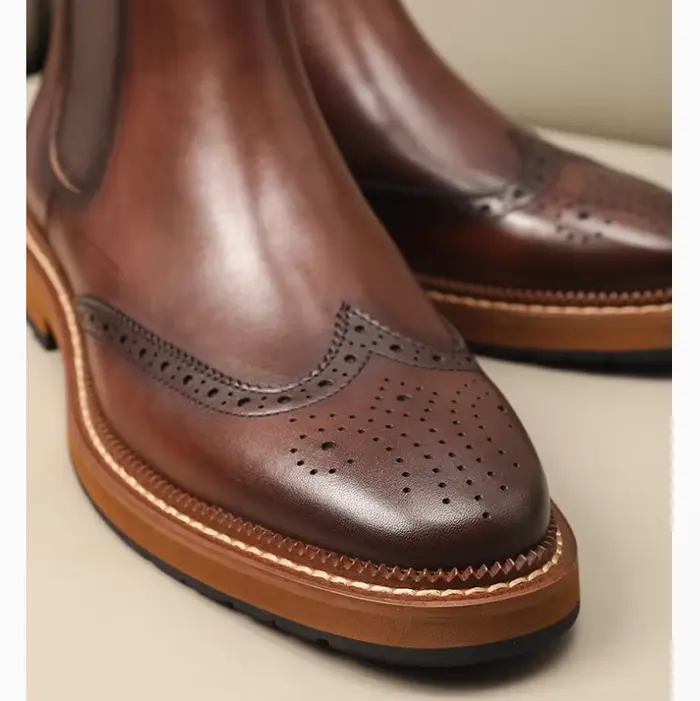 Bottes Chelsea rétro pour hommes ; Chaussures montantes décontractées brogue en cuir véritable anglais