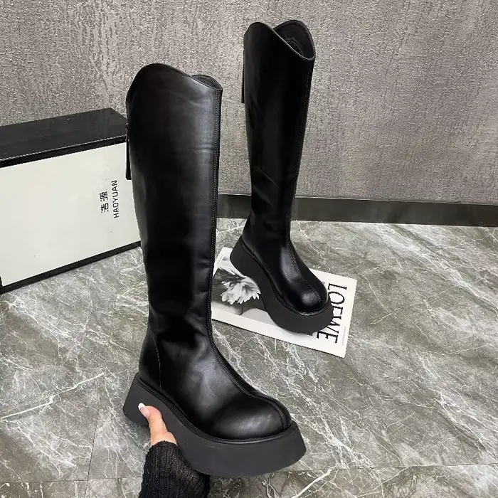 Bottes mi-hautes pour femmes, couleur unie simple, plateforme antidérapante, bottes hautes d'automne