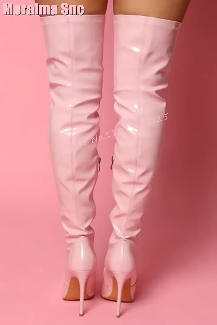 Cuissardes en cuir verni pour femmes style sexy hautes bottes modernes élégantes bout pointu talons fins pour femmes occasions spéciales soirée gala