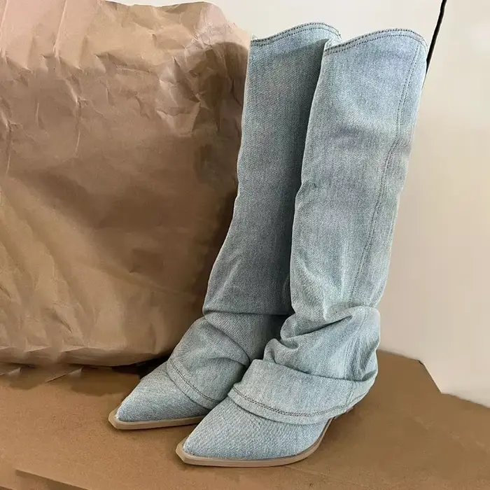 Cuissardes hautes en Denim bleu plissé pour femmes, bottes de Cowboy à talons épais et bout pointu, 