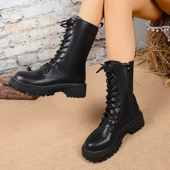 Style britannique noir mi-mollet bottes pour femmes en cuir Pu talons épais moto Botas Mujer automne hiver à lacets