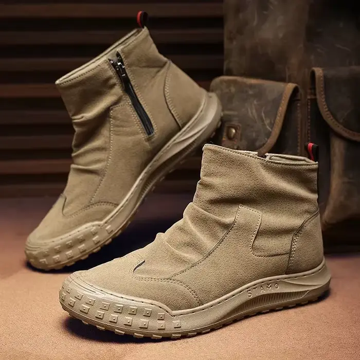 Bottes de travail à coupe haute pour hommes, chaussures plates, fermeture éclair, plissées, coordonn