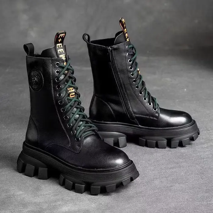Bottines demi-bottes en cuir véritable et fourrure pour femme