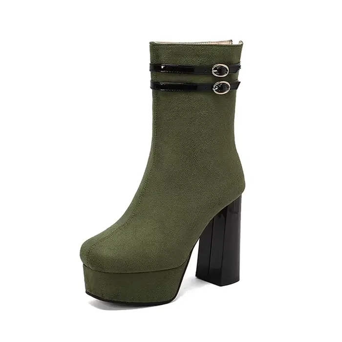 Bottines en daim luxueuses BLXQPYT avec talon carré très haut pour femmes, mode, boucle de ceinture, fermeture éclair, peluche, bottes à plateforme de fête, grande taille 50 T2136, automne hiver