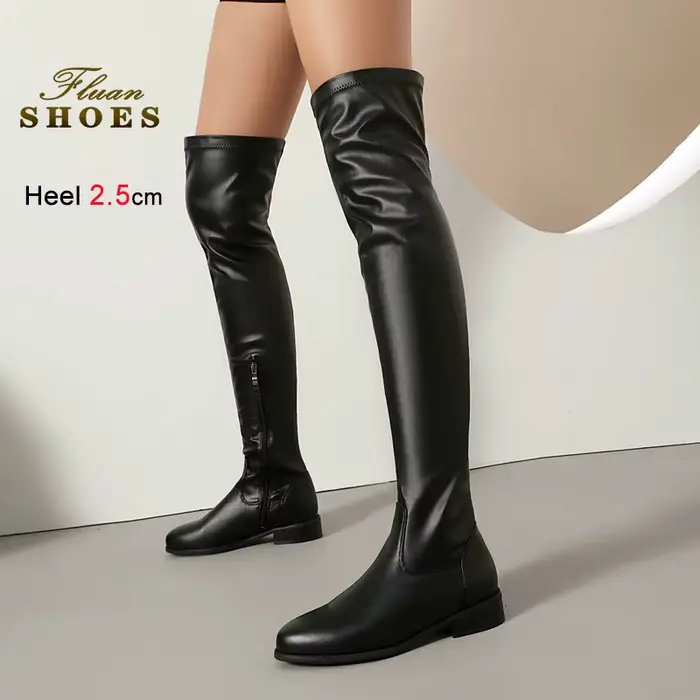 2025 automne hiver bottes extensibles femmes chaussures bout rond talon grossier sur le genou
