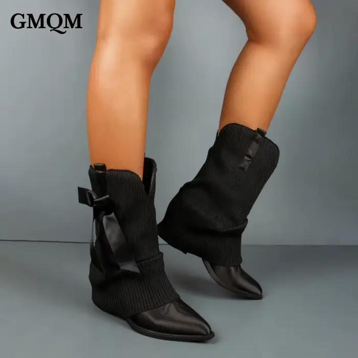 GMQM 2025 nouvelles bottines occidentales arcs pour femmes plier sur Cowgirl chaussons en Satin bout pointu