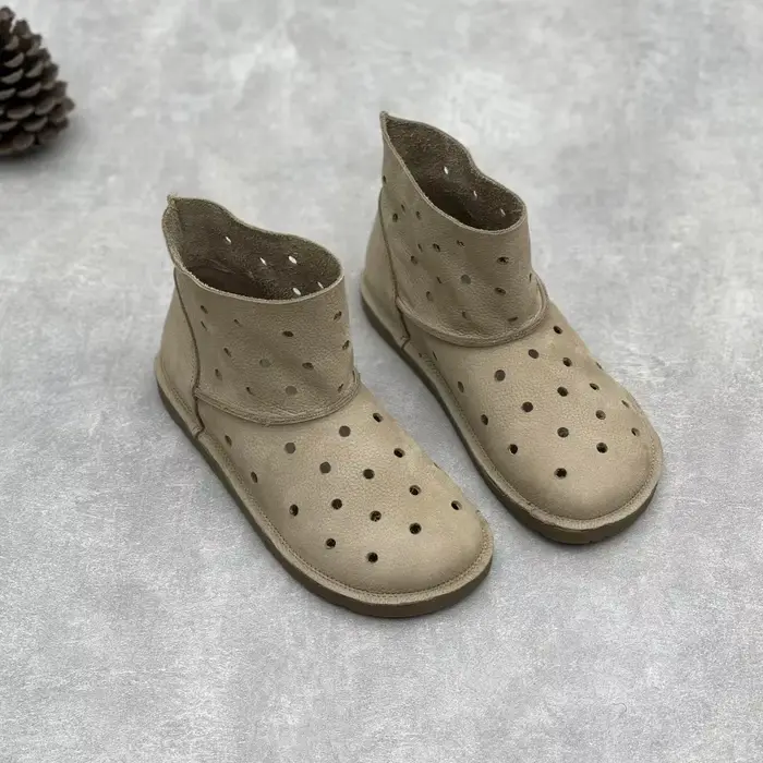 Femmes en cuir véritable bottines plates bout rond Slip-On évider bottes courtes chaussures de haute