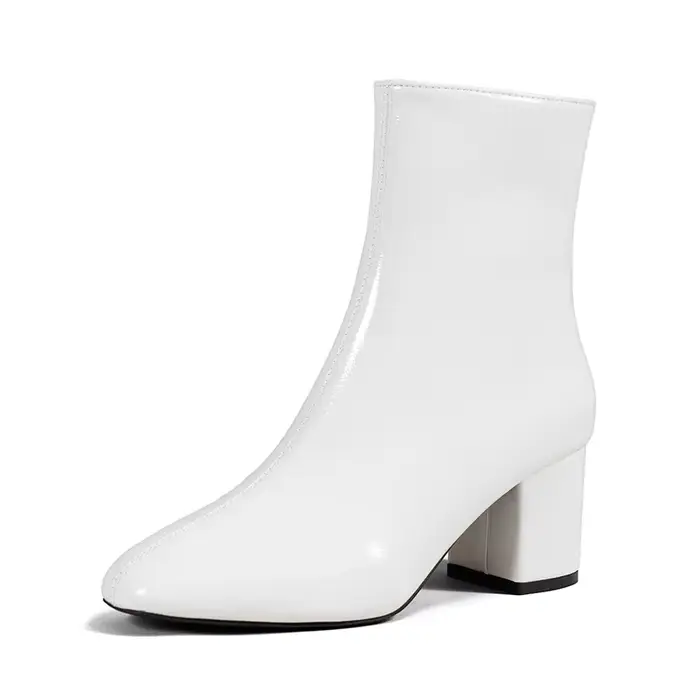 Bottines blanches pour femmes, fermeture éclair latérale, talon moyen extensible, grande taille, cha