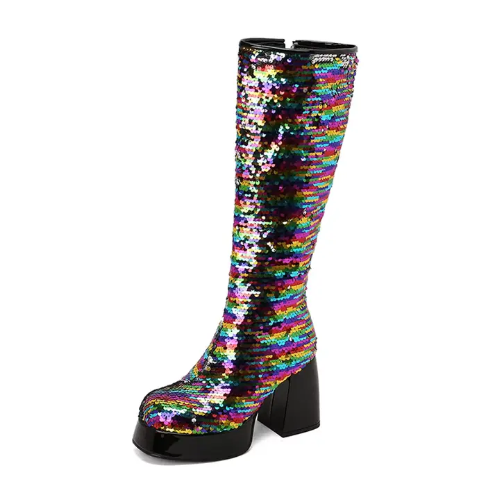 Esigner femmes bottes au genou 2025 printemps tête ronde confortable et élégant paillettes fond épais talon carré