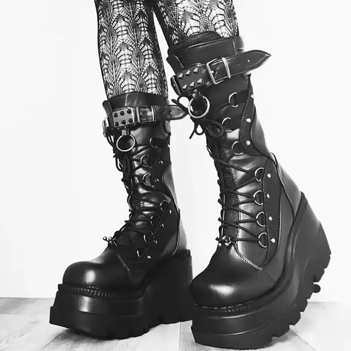 Bottes hautes mi-mollet cosplay pour femmes, bottes compensées à plateforme haute, chaussures gothiq