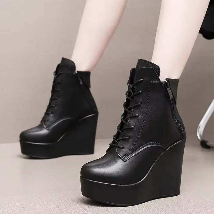 Bottes en cuir à talons hauts pour femmes, chaussures compensées à plateforme, bottes de rinçage de 