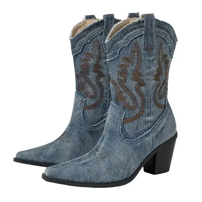 Bottes en denim brodées pour femmes, bottes western à talon optique haut, fête de boîte de nuit de b