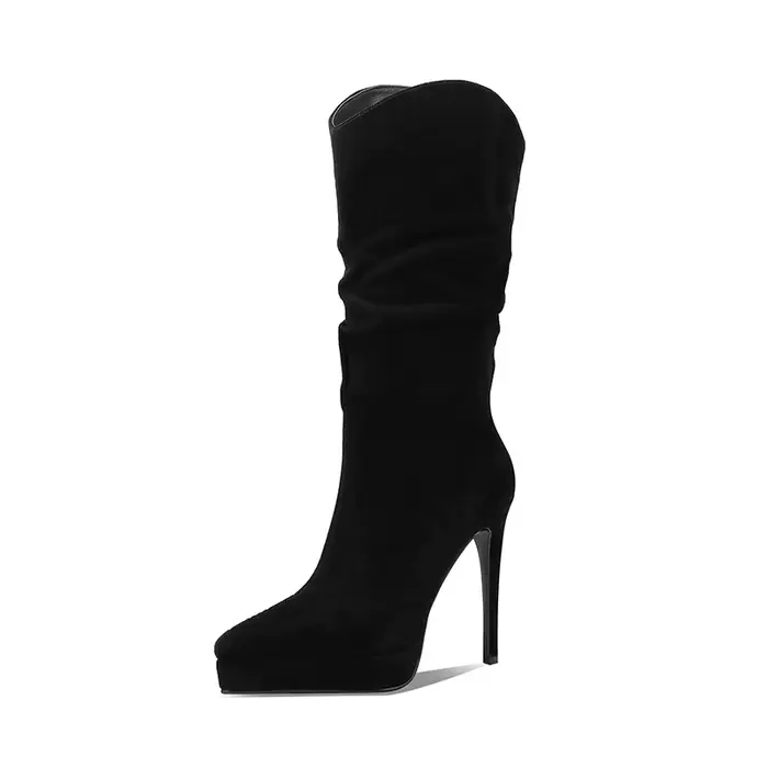 Nouvelles Bottes d'Hiver à Talons Hauts Imperméables à Plateforme, Bottes Fines Vintage en Cuir Mat 
