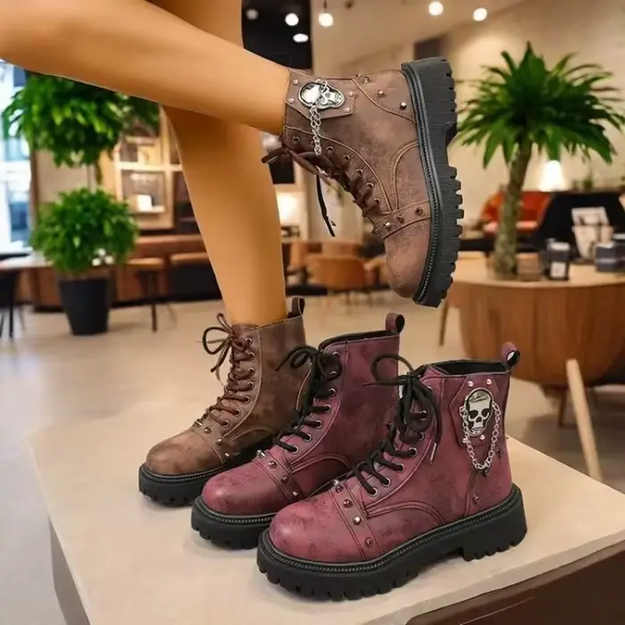 Rivets décor plate-forme bottines femmes mode boucle à lacets fermetures éclair bottes de Combat femme noir Pu cuir moto chaussures 42