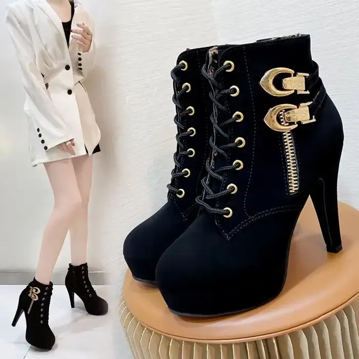 Bottes de rinçage à talons épais pour femmes, décoration en métal, chaussons à talons hauts, bottes 