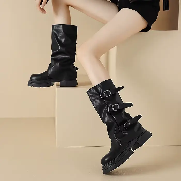 Bottes de chevalier à boucle plissée pour femmes, bottes d'automne en cuir PU marron, mi-mollet, à e