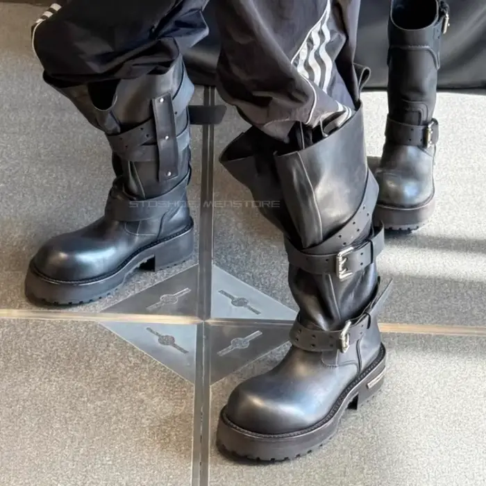 Bottes longues de moto à boucle de ceinture pour hommes et femmes