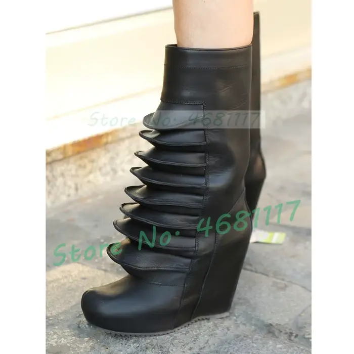Bottines à talon compensé en cuir plissé pour femmes, mode, bout rond, plateforme, chaussures patchw