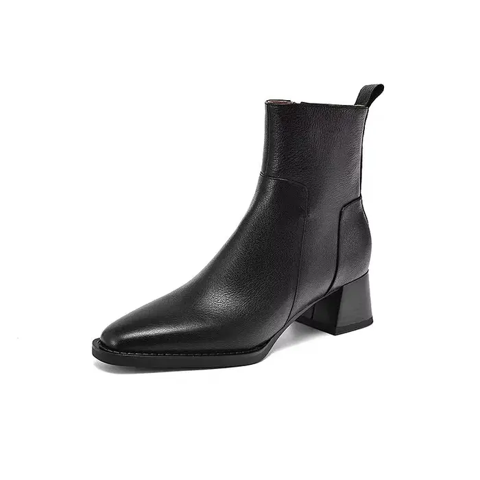 Bottes courtes en cuir à talons épais, bottes courtes rétro à talons mi-hauts avec fermeture éclair,