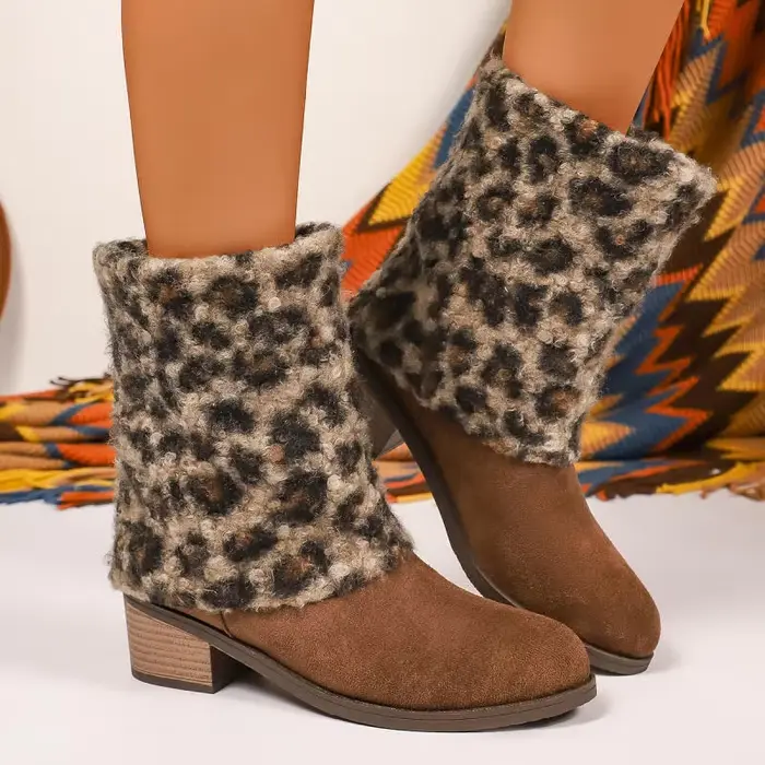 Léopard polaire talon épais mi-mollet bottes femmes hiver luxe daim concepteur